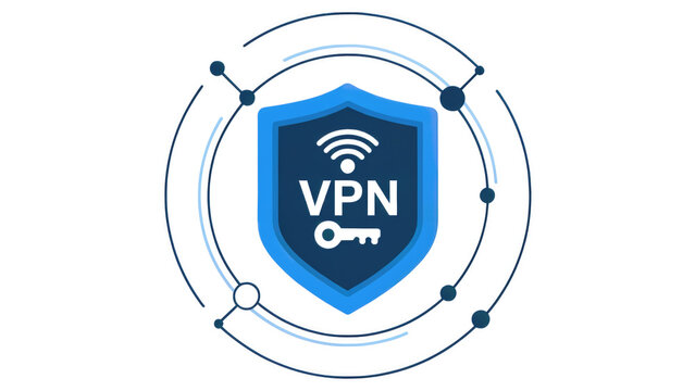 A blue shield icon representing secure network connection with a key with represents digital security signal symbol represents wireless signal