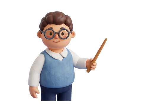 Un personnage d'enseignant en 3D portant des lunettes et tenant une baguette, id&eacute;al pour des concepts &eacute;ducatifs, des pr&eacute;sentations scolaires ou des supports de formation en ligne.