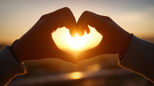 Hands forming heart shape at sunset