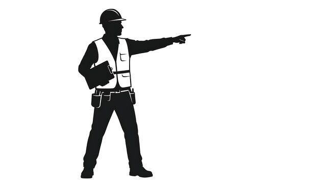 Construction worker pointing on white background.