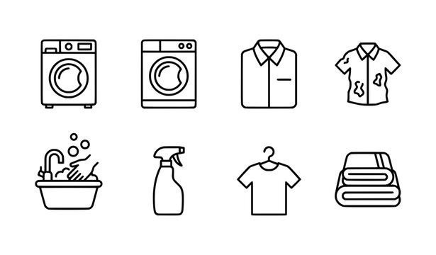 Set of laundry and washing icons featuring clothes cleaning equipment and household chores in a simple line style