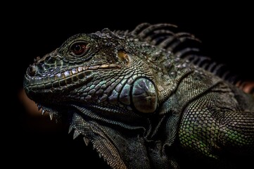Fototapeta premium Green Iguana Detailed Profile on Dark Background