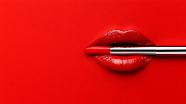 Woman applying red lipstick closeup detail.