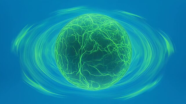 Abstract green brain pattern in blue fluid motion with concentric waves during ethereal illumination