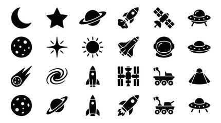Obraz premium Vector illustration of set of space icons, on a transparent background