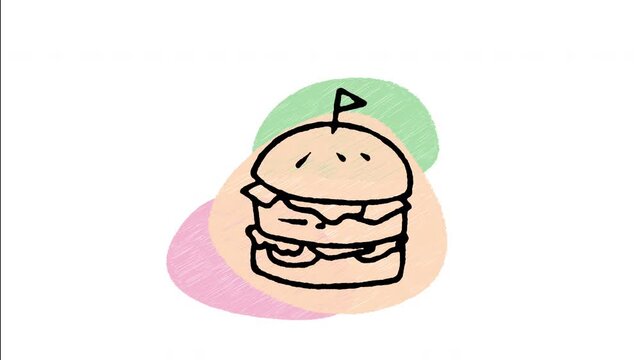 An animated hand-drawn thick double beef patty cheeseburger with melted cheese. Perfect for fast food menus, burger joints, takeout diners, and American food.