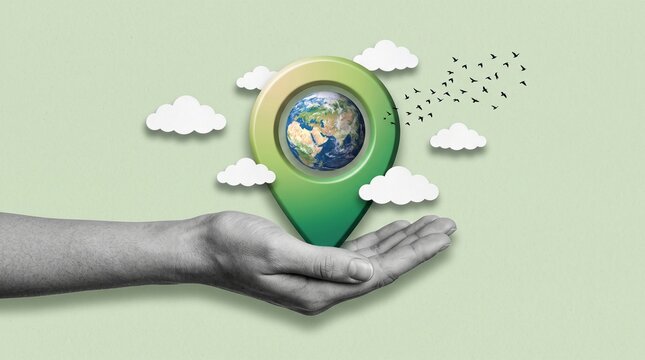 Global location pin in hand with earth globe, eco travel and sustainability concept, minimalist digital collage with clouds and birds on green background.