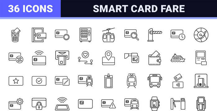 Smart Card Transit Payment Web Icon Set in Linear Style. Collection of fare courier, public transport, contactless entry, ticket kiosk, route validation, station transit line icons, including