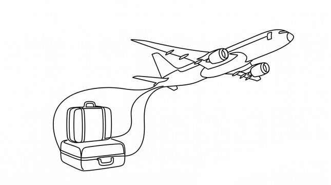 Airplane and luggage continuous line drawing, minimalist one-line art of a plane taking off with suitcases, travel concept vector for tourism.