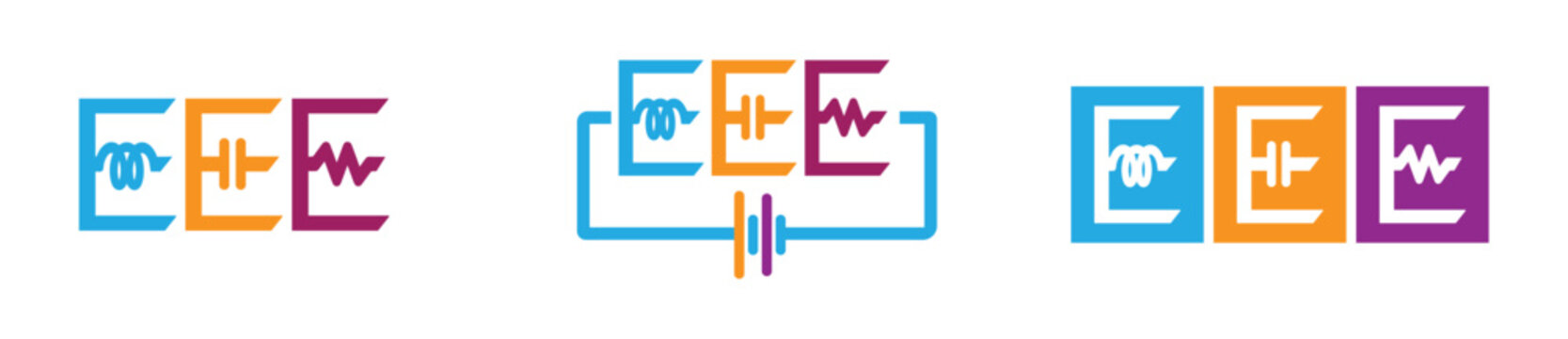 Electrical and Electronic Engineering Typography Logo Set With Inductor, Capacitor, and Resistor Circuit Symbols, EEE Logo Set
