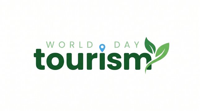 World Tourism Day logo with green leaves and location pin icon on white background. Sustainable travel and eco-friendly tourism concept graphic.