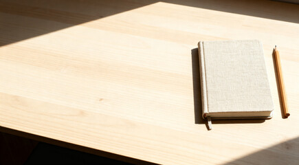 Fototapeta premium Blank Book and Pencil on Wooden Desk for International Literacy Day and Education Concept