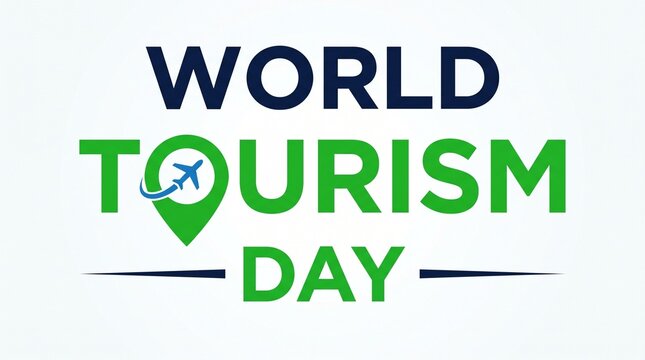 World Tourism Day logo with airplane and map pin icon on white background. Professional graphic design for travel industry promotion and global holiday celebration.