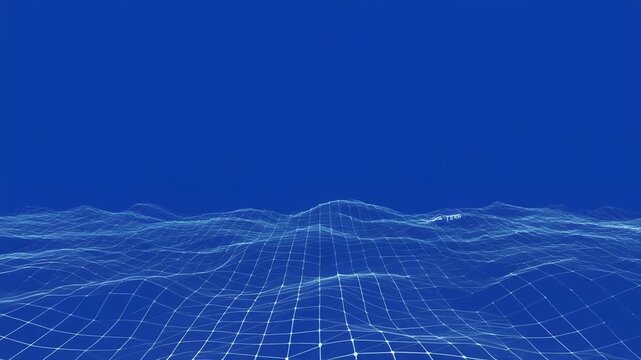 Abstract blue digital landscape with wireframe grid waves moving gently in cinematic motion