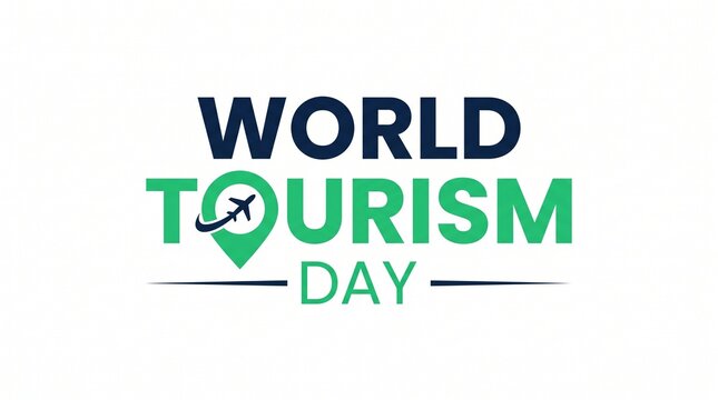 World Tourism Day typography with airplane icon, global travel holiday logo on white background, international tourism celebration graphic