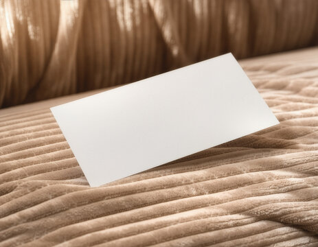 Blank white card mockup template on beige upholstered chair