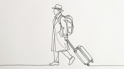 Obraz premium Minimalist continuous line drawing of a traveler, man walking with suitcase and backpack, modern travel concept art
