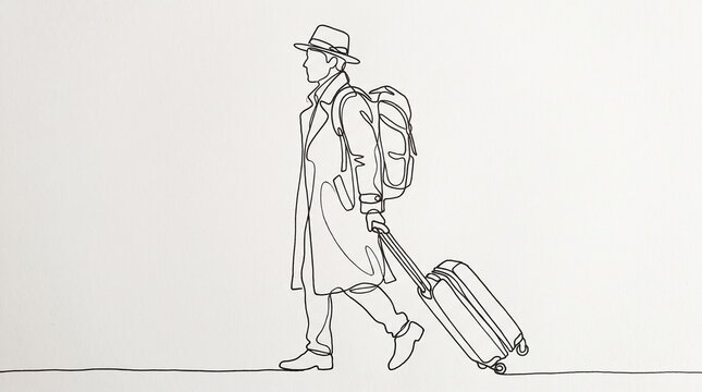 Minimalist continuous line drawing of a traveler, man walking with suitcase and backpack, modern travel concept art