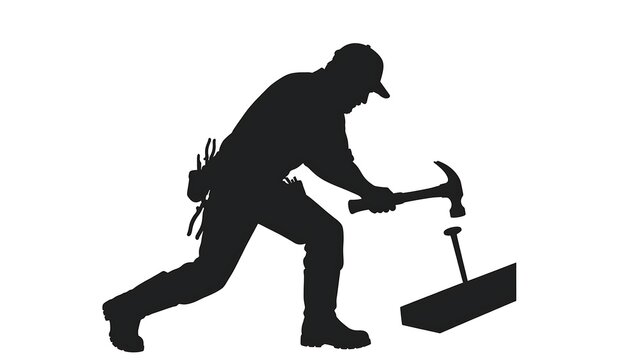 Construction worker with hammer on white background.