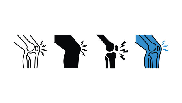 Set of vector icons representing human knee joint pain and injury symptoms