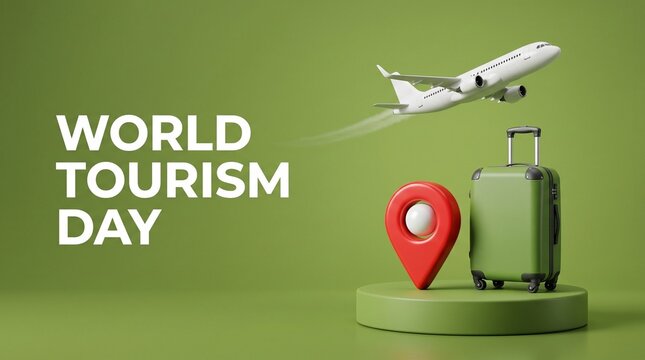 World Tourism Day concept, airplane flying over green suitcase and red map pin, global travel and vacation banner