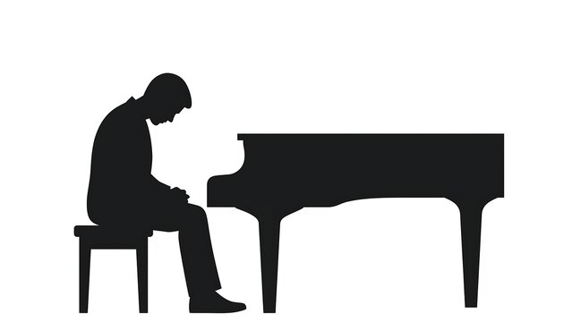 Silhouette of man playing piano on white background.
