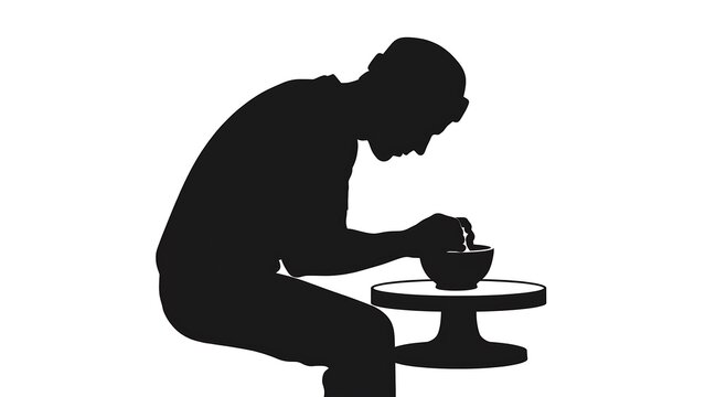 Silhouette of man thinking at desk white background.
