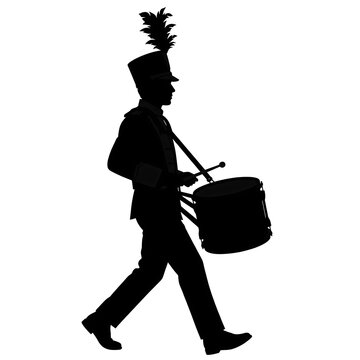 Silhouette of marching band drummer white background.