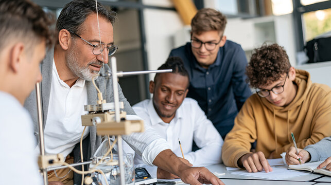 Professor guiding a group of young students in a university laboratory, explaining a science experiment and fostering stem learning