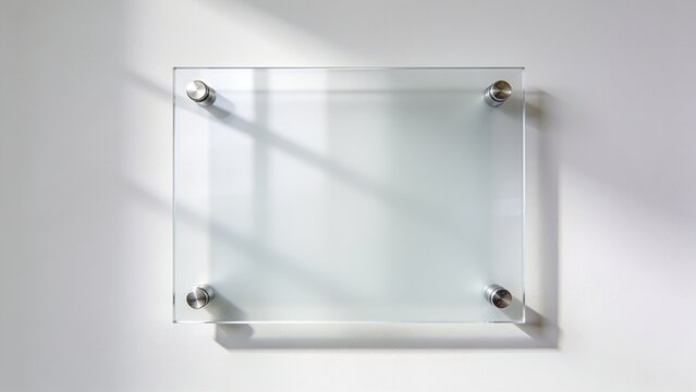 Blank Frosted Glass Acrylic Nameplate Sign Board Mockup on White Wall with Window Shadows