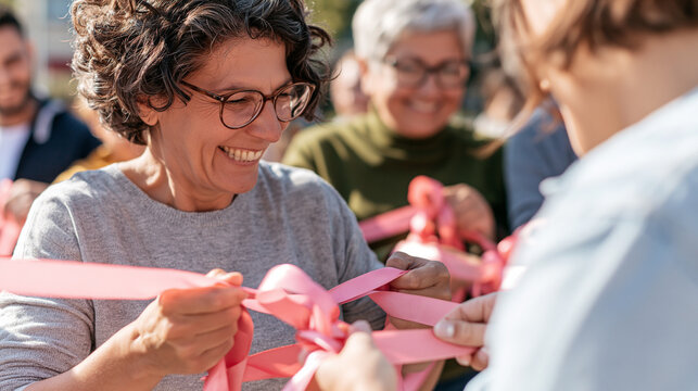 Smiling woman tying a pink ribbon, celebrating breast cancer awareness with a group outdoors