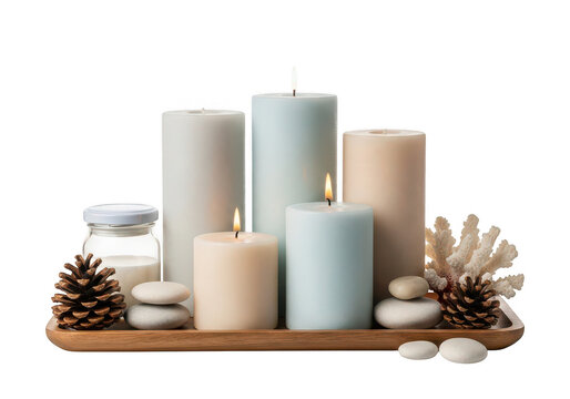Assorted lit candles with stones and pinecones on transparent background