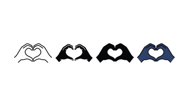 Set of hands making heart shape icons in different artistic styles isolated on white background