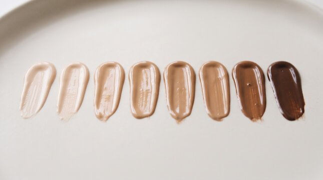 Diverse spectrum of cosmetic foundation shades swatch collection, illustrating various skin tones for beauty and makeup product selection
