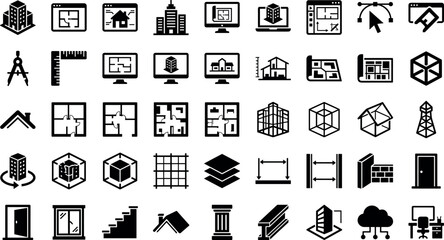 Obraz premium CAD Architectural Software and 3D Modeling Vector Silhouette Icon Set for Building Information Modeling BIM, Floor Plans, Wireframes, and Engineering Design