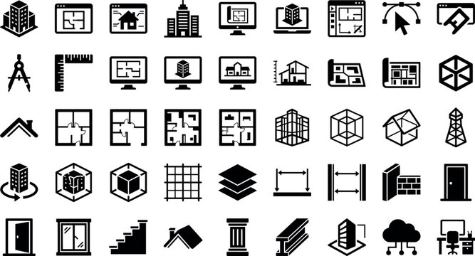 CAD Architectural Software and 3D Modeling Vector Silhouette Icon Set for Building Information Modeling BIM, Floor Plans, Wireframes, and Engineering Design