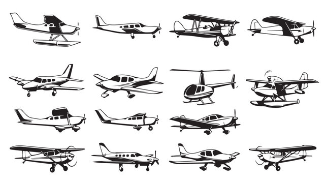 Vintage airplane vector collection, set of 16 light aircraft icons, retro propeller planes and helicopter illustrations for aviation design