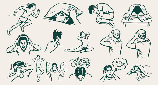 stress and mental health, anxiety and worry icons, psychological stress vector, mental struggle art, emotional pressure icons, stress relief concept, mental health symbols, worry and panic icons
stres