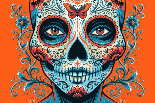 Vibrant Day of the Dead Inspired Sugar Skull Portrait with Floral Ornamentation and Butterfly Face Art on Bold Orange Background