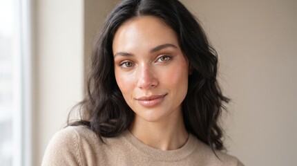 Fototapeta premium Beautiful woman showcasing flawless skin after a professional makeup artist foundation application