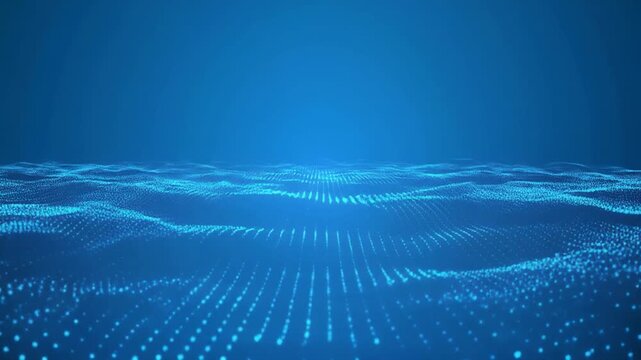 Abstract blue digital wave surface with glowing particles and grid pattern during a subtle camera zoom out