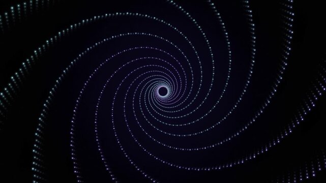 Abstract neon spiral tunnel motion background, glowing particle vortex animation, futuristic digital data flow and hypnotic cosmic warp effect