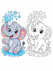 Naklejka premium Cute baby elephant spraying water from trunk with color sample guide, kids educational activity coloring page, vector illustration.