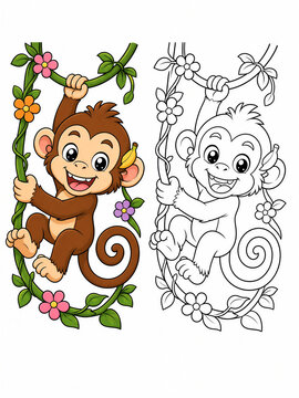 Cute cartoon monkey swinging on jungle vine with a banana and color guide, kids educational activity coloring page.