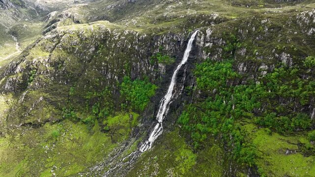 Aerial view of Eas a' Chual Aluinn, highest waterfall of the United Kingdom, in northern Scotland