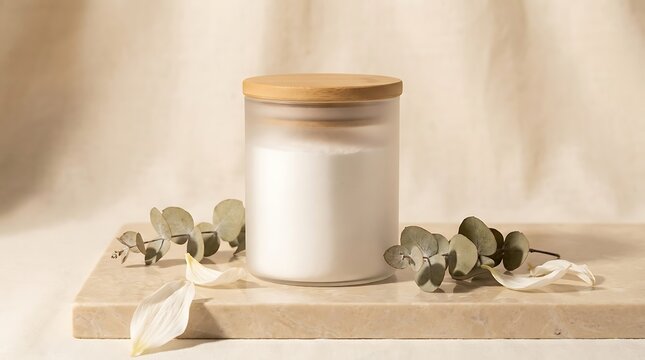 A frosted glass candle jar with a bamboo lid placed on a stone tray with fresh green eucalyptus leaves. sodium bicarbonate branding