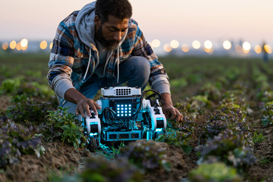 Farmer Testing Agricultural Robot in Vegetable Field