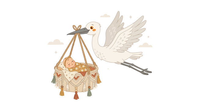Stork delivering a baby in a macrame basket.