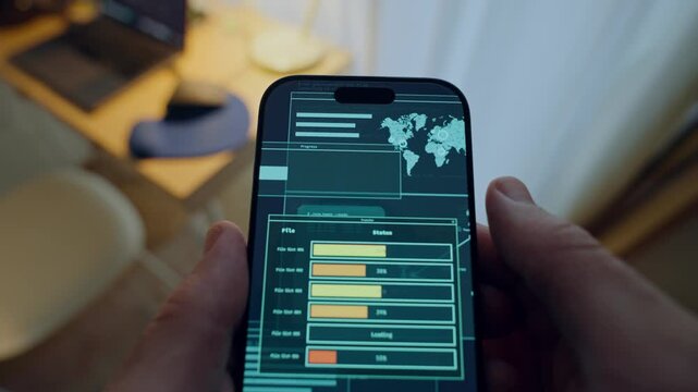 POV on hand holding phone as files transfer or sent via online internet access. Spy or hacker using smartphone to steal sensitive private data or accessing server remotely while indoors at night
