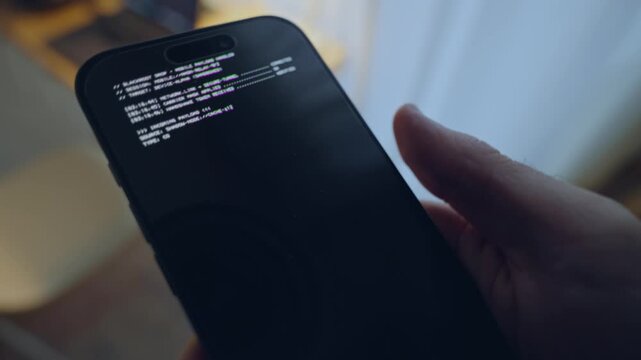 Hacker or spy holding smartphone as malware or virus is install on device. Close up on hands in dark night room as person accessing dark web technology and malicious software or spyware from phone